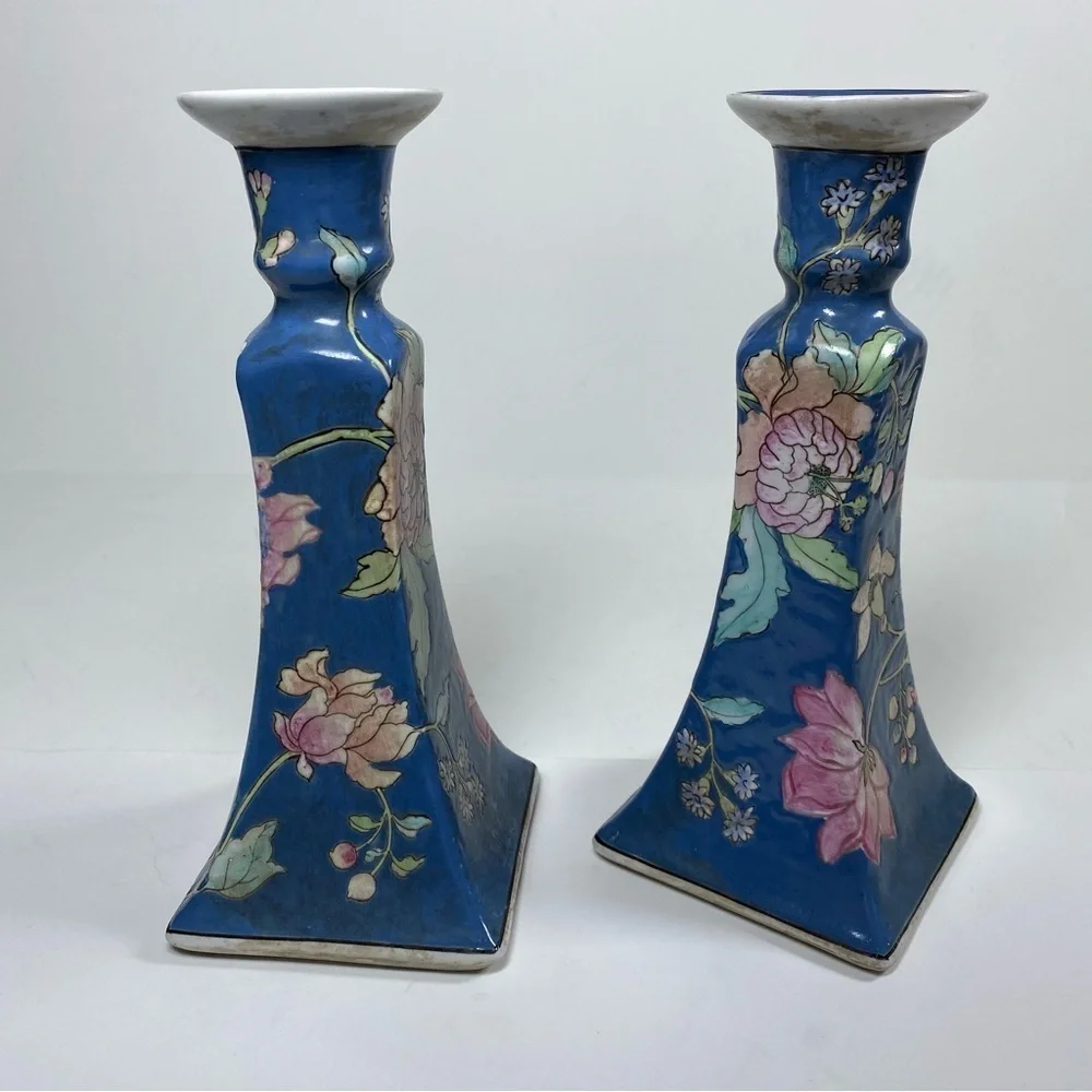 Vintage Chinoiserie Blue and White Floral Japan Ceramic Candlesticks Set of 2